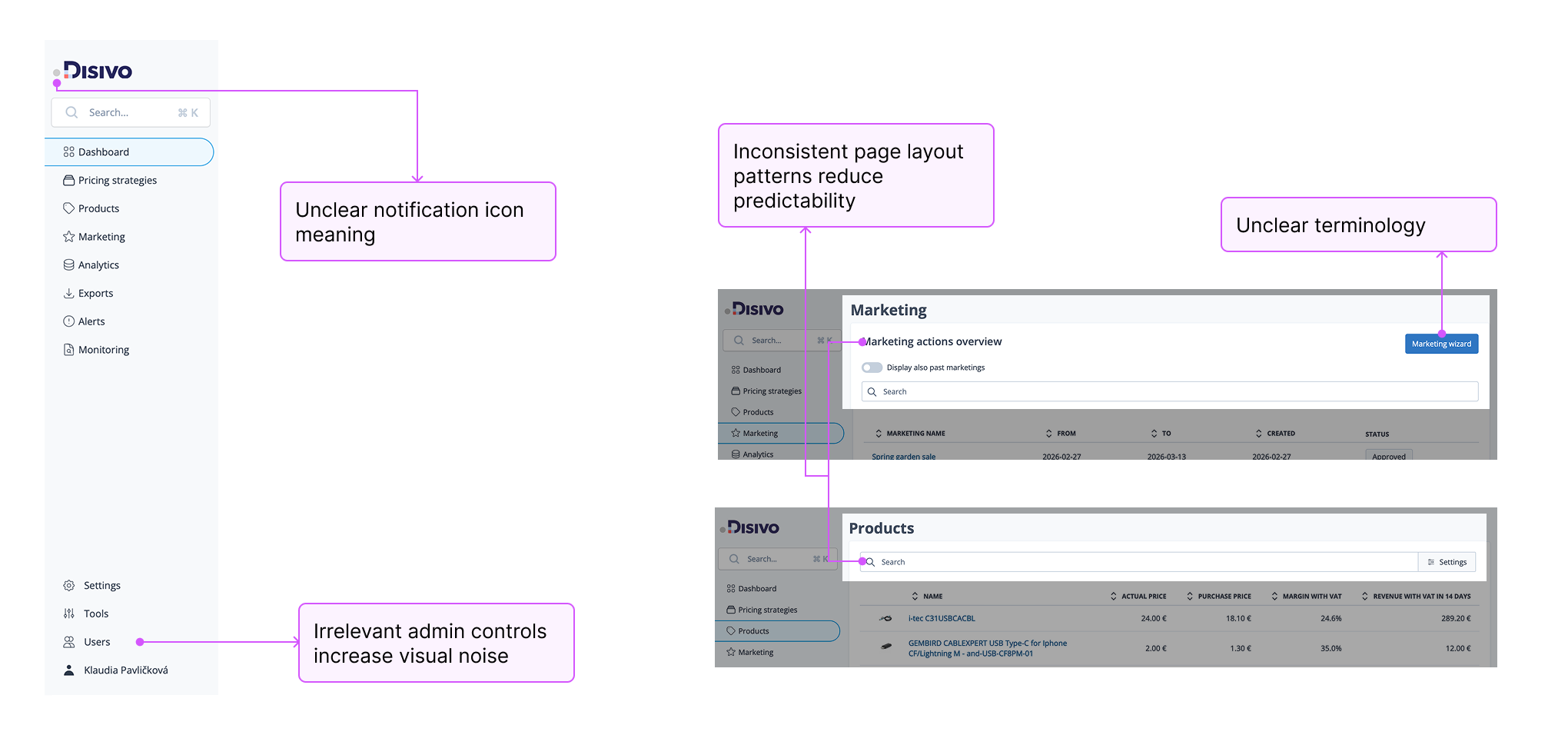 Annotated menu screenshot highlighting issues