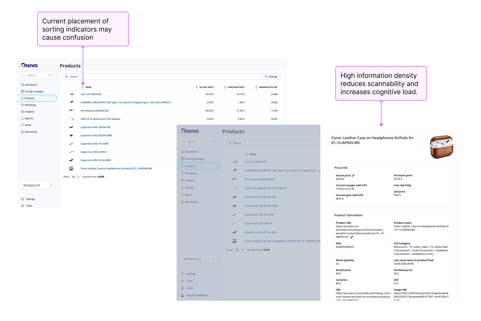 Annotated products page screenshot