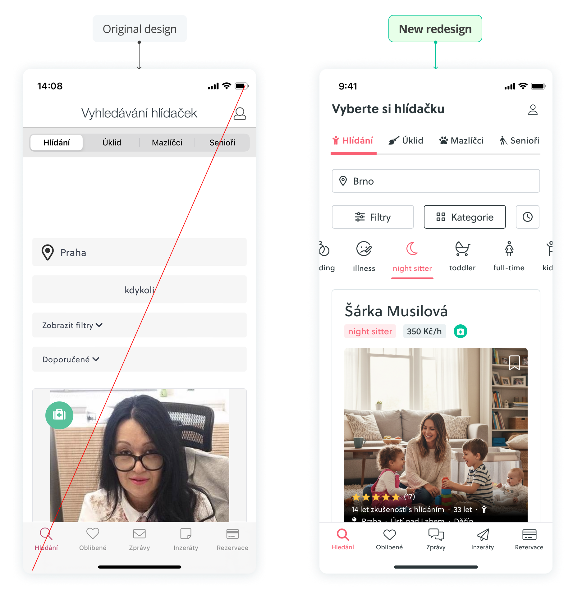 Profile before and after redesign