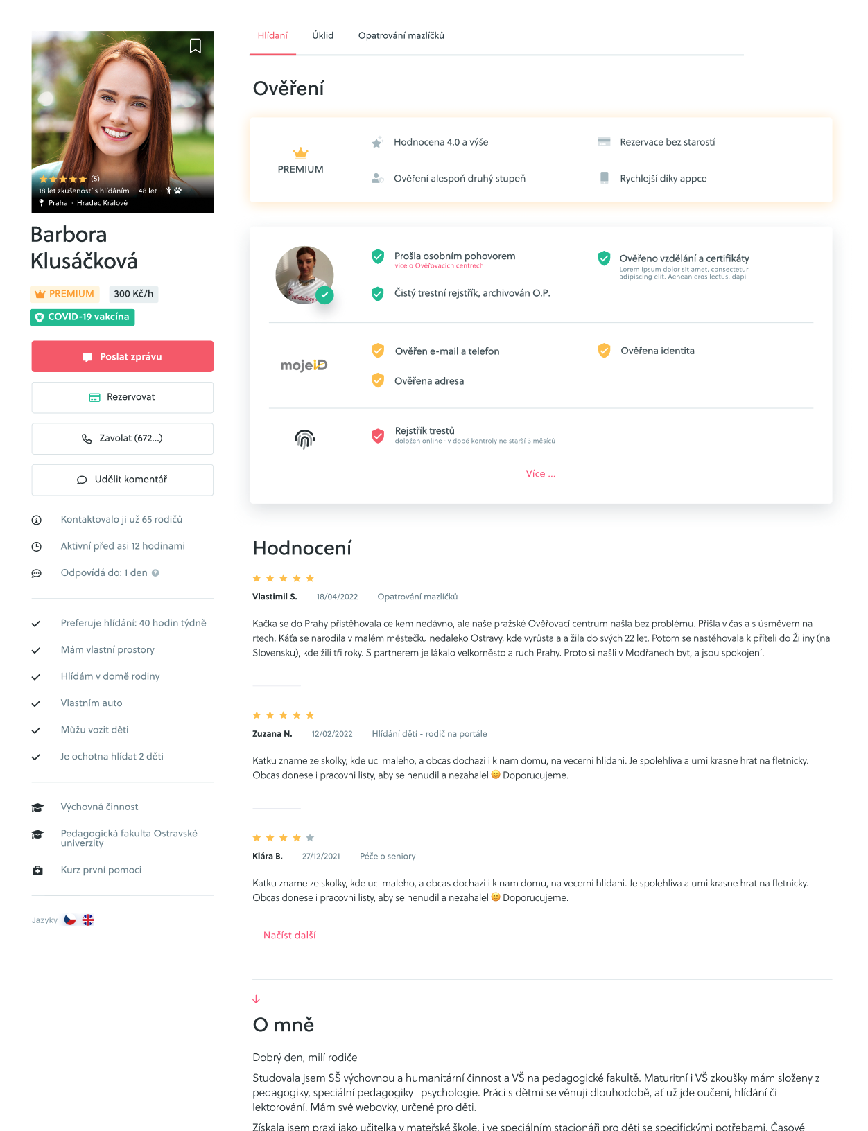 Sitter profile screen
